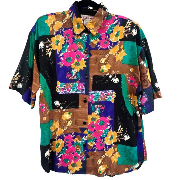 VTG Floral Shirt M Wacky Patchwork Boho 80s 90s Artsy Colorful Y2K Hawaiian Nerd - Picture 12 of 16